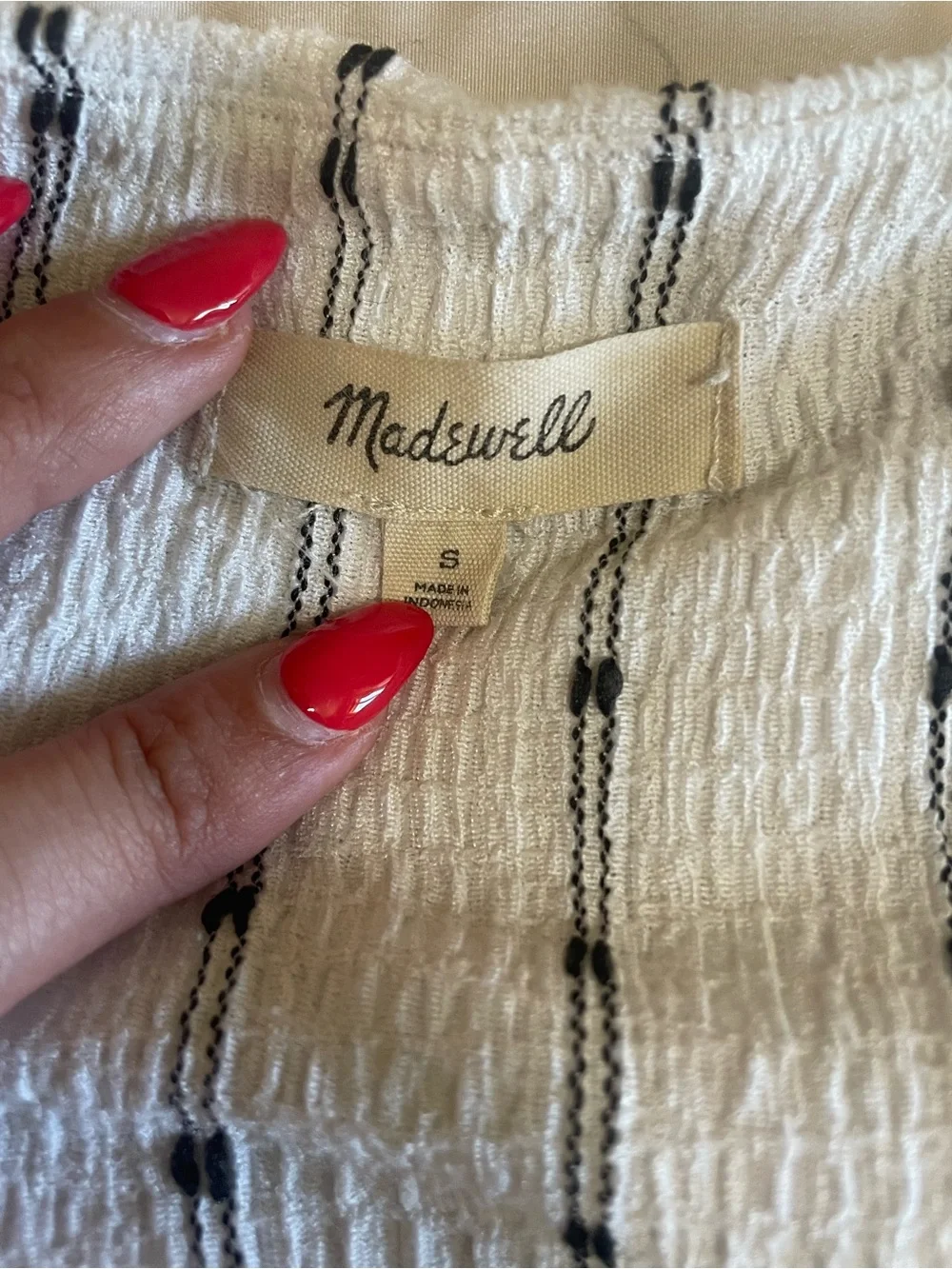 Madewell White Textured Puff-Sleeve Square-Neck Top with Black Stripes